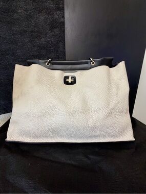 Leather Tote Bag in Cream and Black